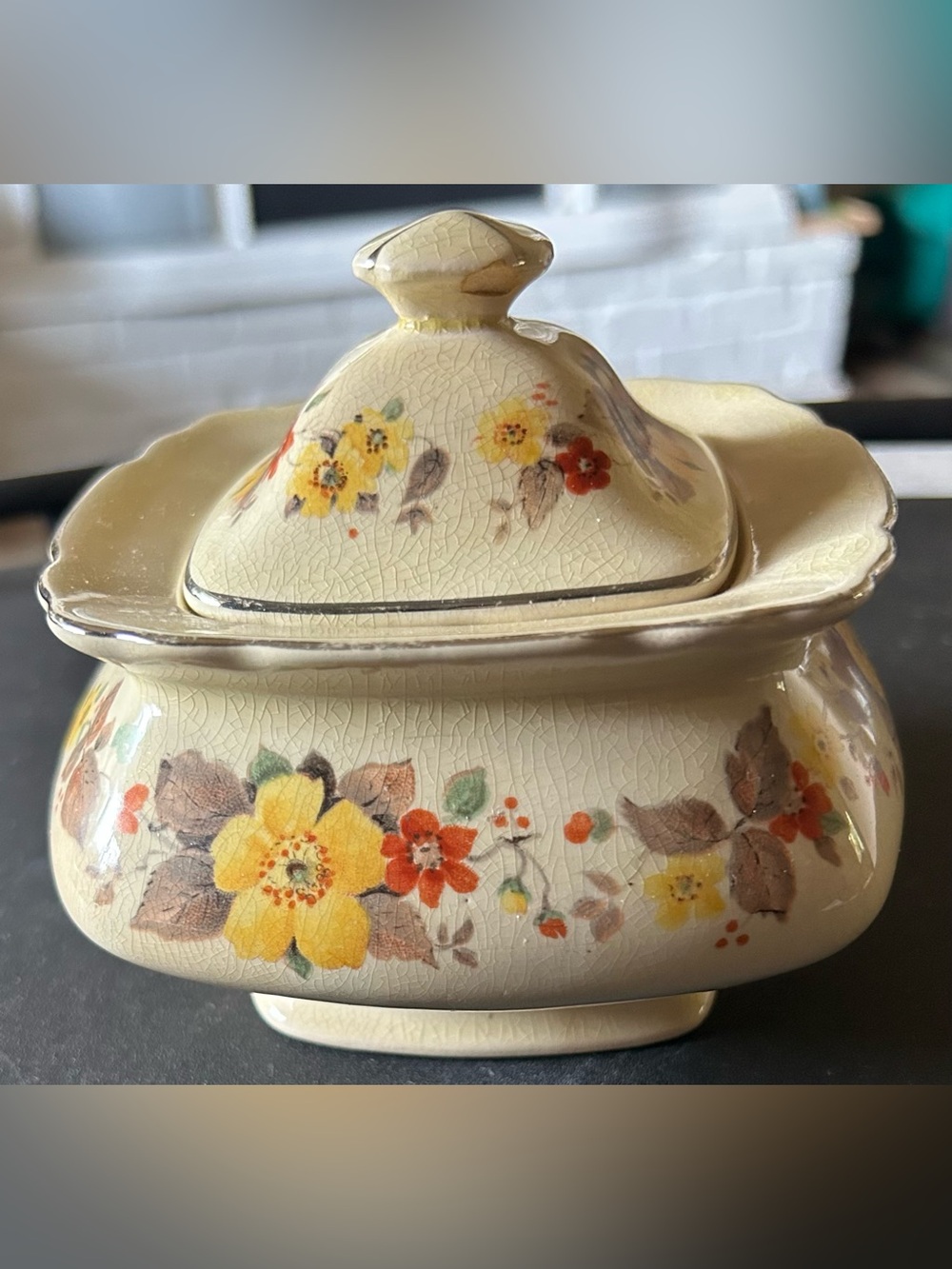 Vintage WS George Floral Covered Sugar Bowl in Yellow & Orange Flowers